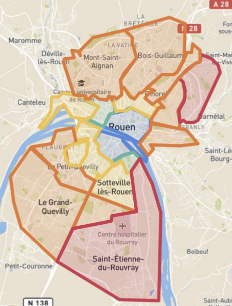 Carte des zones de livraison autour de Rouen